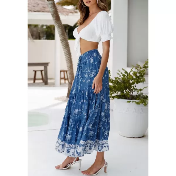 imageZESICA Womens 2024 Bohemian Floral Printed Elastic Waist A Line Maxi Skirt with PocketsDarkblue