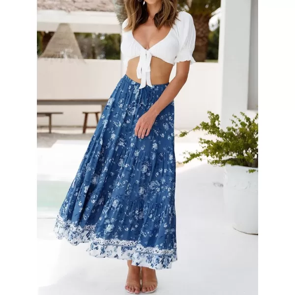 imageZESICA Womens 2024 Bohemian Floral Printed Elastic Waist A Line Maxi Skirt with PocketsDarkblue