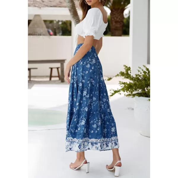 imageZESICA Womens 2024 Bohemian Floral Printed Elastic Waist A Line Maxi Skirt with PocketsDarkblue