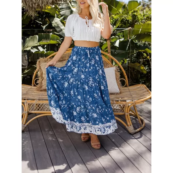 imageZESICA Womens 2024 Bohemian Floral Printed Elastic Waist A Line Maxi Skirt with PocketsDarkblue