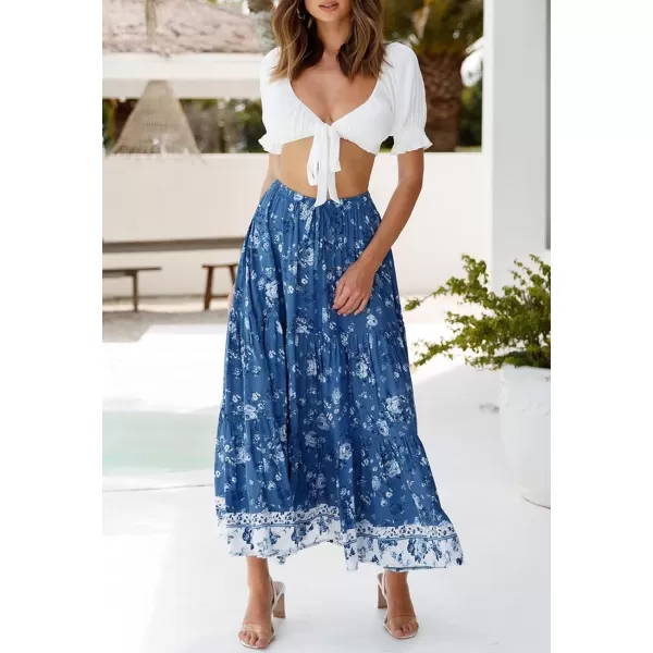 imageZESICA Womens 2024 Bohemian Floral Printed Elastic Waist A Line Maxi Skirt with PocketsDarkblue