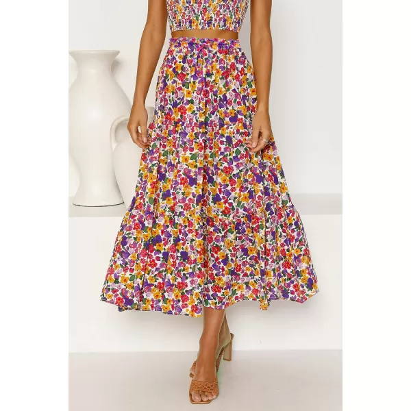imageZESICA Womens 2024 Bohemian Floral Printed Elastic Waist A Line Maxi Skirt with PocketsDarkpurple