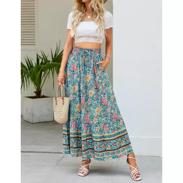 imageZESICA Womens 2024 Bohemian Floral Printed Elastic Waist A Line Maxi Skirt with PocketsFloral Green