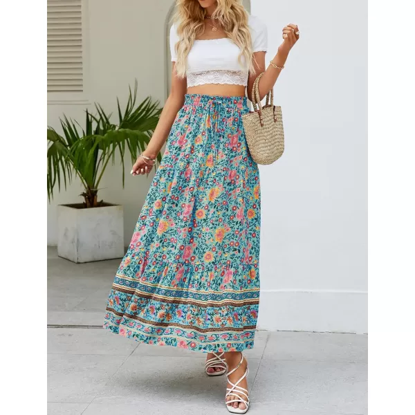 imageZESICA Womens 2024 Bohemian Floral Printed Elastic Waist A Line Maxi Skirt with PocketsFloral Green