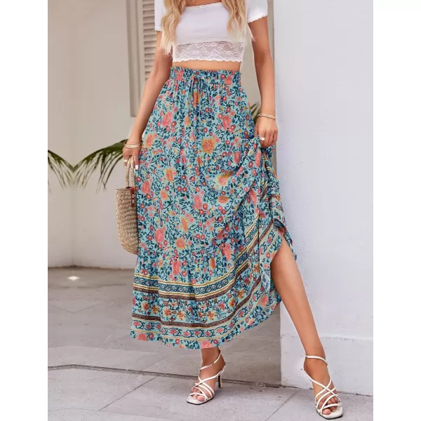imageZESICA Womens 2024 Bohemian Floral Printed Elastic Waist A Line Maxi Skirt with PocketsFloral Green