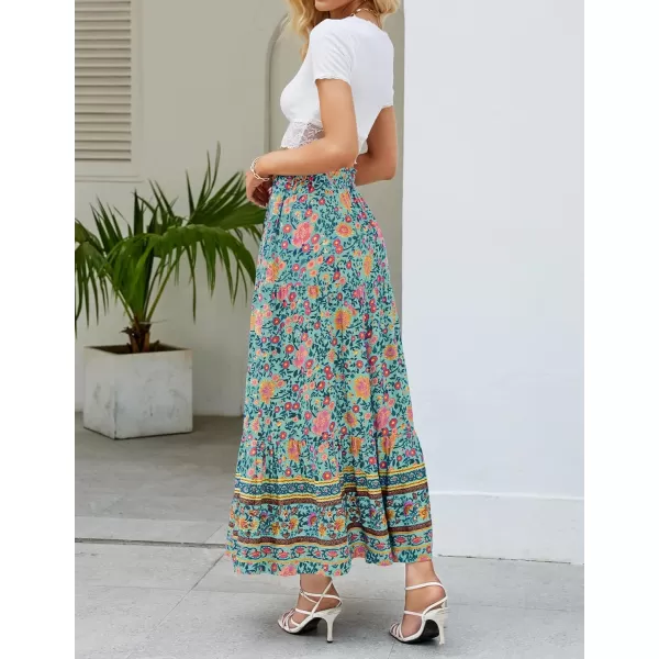 imageZESICA Womens 2024 Bohemian Floral Printed Elastic Waist A Line Maxi Skirt with PocketsFloral Green
