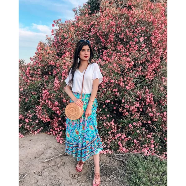 imageZESICA Womens 2024 Bohemian Floral Printed Elastic Waist A Line Maxi Skirt with PocketsFloral Green