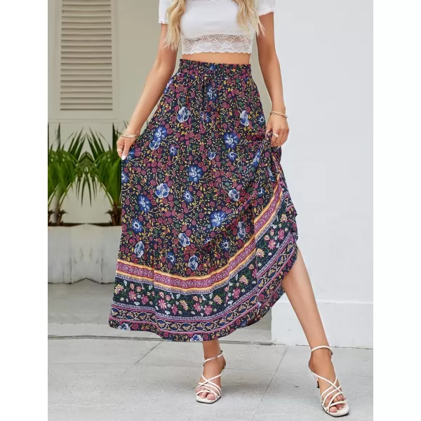 imageZESICA Womens 2024 Bohemian Floral Printed Elastic Waist A Line Maxi Skirt with PocketsFloral Navy