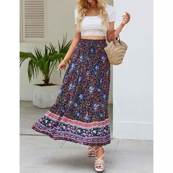 imageZESICA Womens 2024 Bohemian Floral Printed Elastic Waist A Line Maxi Skirt with PocketsFloral Navy