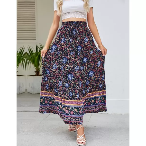 imageZESICA Womens 2024 Bohemian Floral Printed Elastic Waist A Line Maxi Skirt with PocketsFloral Navy