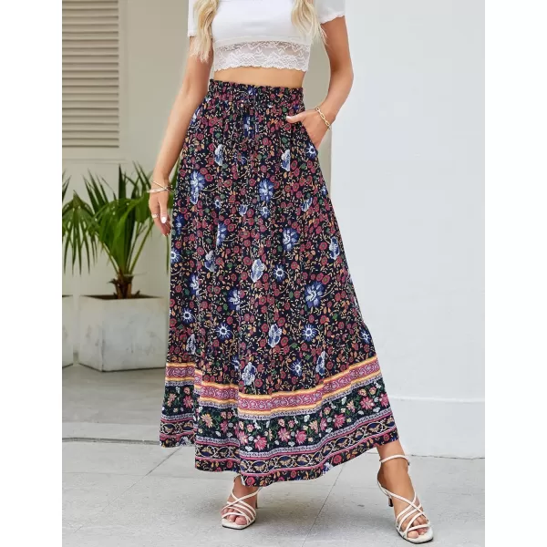 imageZESICA Womens 2024 Bohemian Floral Printed Elastic Waist A Line Maxi Skirt with PocketsFloral Navy