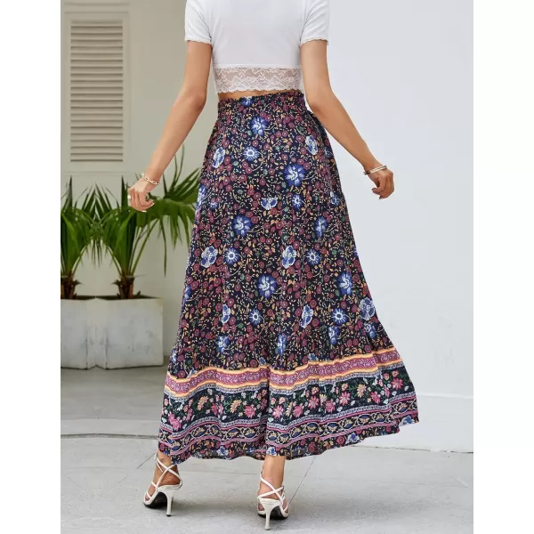 imageZESICA Womens 2024 Bohemian Floral Printed Elastic Waist A Line Maxi Skirt with PocketsFloral Navy