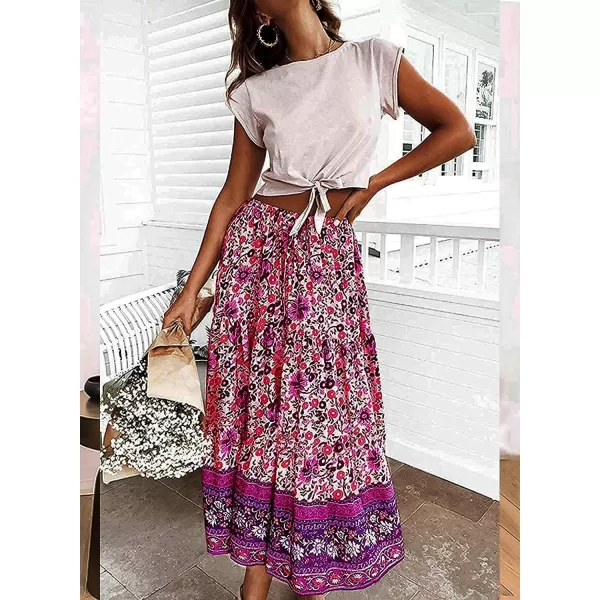 imageZESICA Womens 2024 Bohemian Floral Printed Elastic Waist A Line Maxi Skirt with PocketsFloral Purple