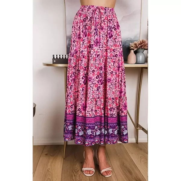 imageZESICA Womens 2024 Bohemian Floral Printed Elastic Waist A Line Maxi Skirt with PocketsFloral Purple