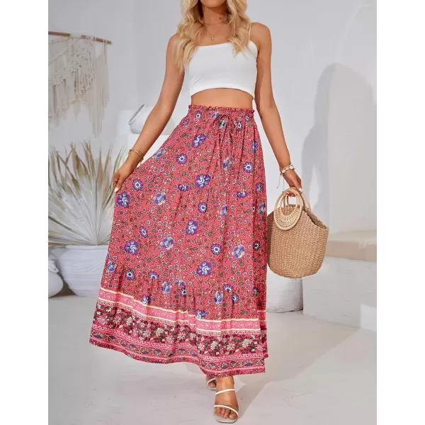 imageZESICA Womens 2024 Bohemian Floral Printed Elastic Waist A Line Maxi Skirt with PocketsFloral Red