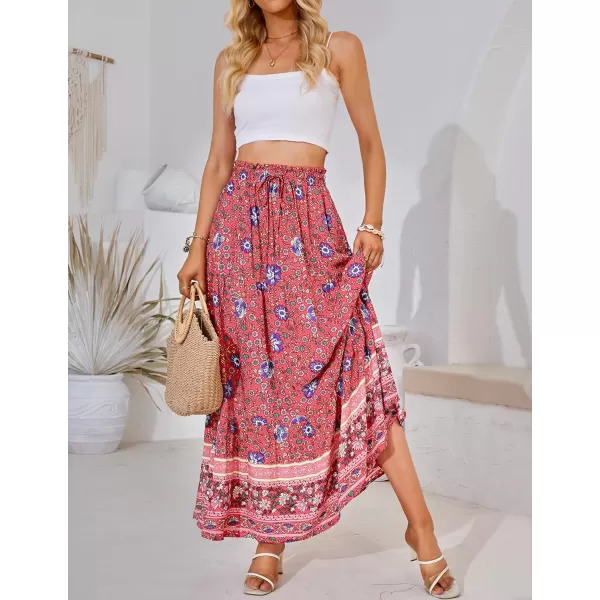 imageZESICA Womens 2024 Bohemian Floral Printed Elastic Waist A Line Maxi Skirt with PocketsFloral Red