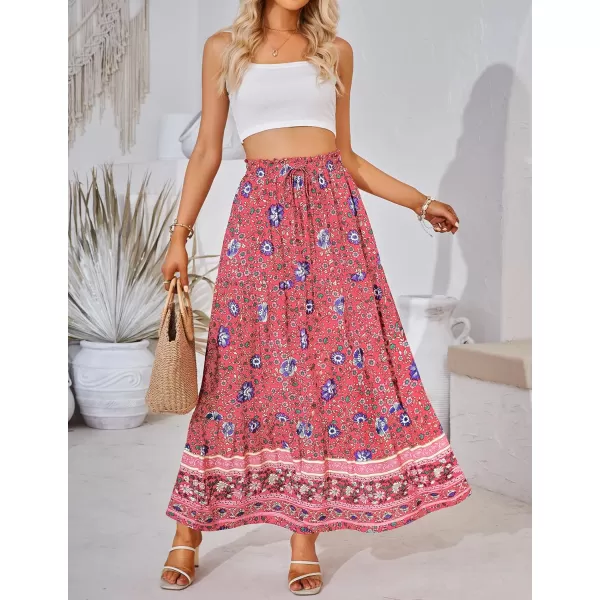 imageZESICA Womens 2024 Bohemian Floral Printed Elastic Waist A Line Maxi Skirt with PocketsFloral Red