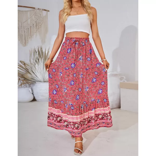 imageZESICA Womens 2024 Bohemian Floral Printed Elastic Waist A Line Maxi Skirt with PocketsFloral Red