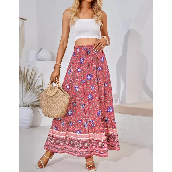 imageZESICA Womens 2024 Bohemian Floral Printed Elastic Waist A Line Maxi Skirt with PocketsFloral Red