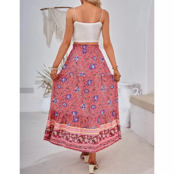imageZESICA Womens 2024 Bohemian Floral Printed Elastic Waist A Line Maxi Skirt with PocketsFloral Red