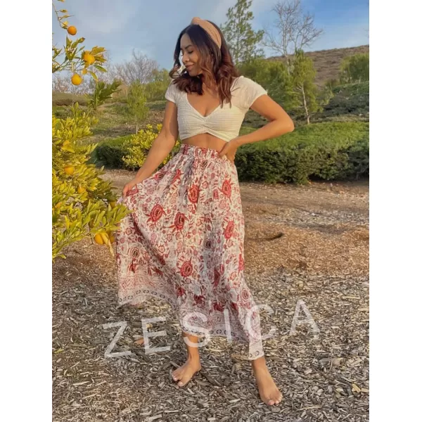 imageZESICA Womens 2024 Bohemian Floral Printed Elastic Waist A Line Maxi Skirt with PocketsFloral White