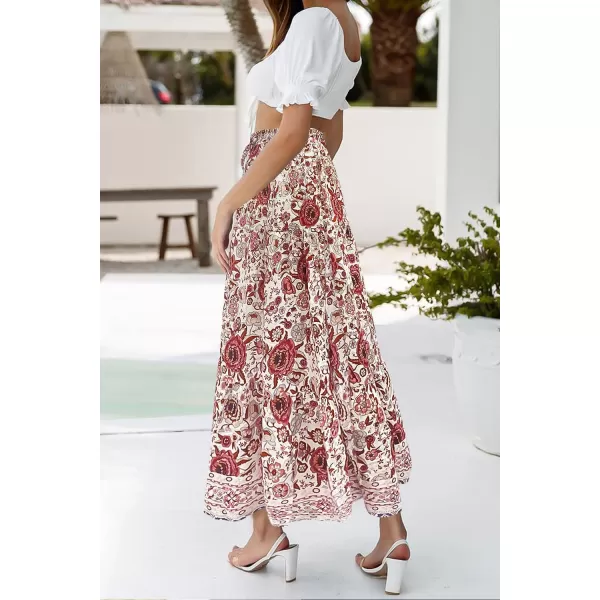 imageZESICA Womens 2024 Bohemian Floral Printed Elastic Waist A Line Maxi Skirt with PocketsFloral White