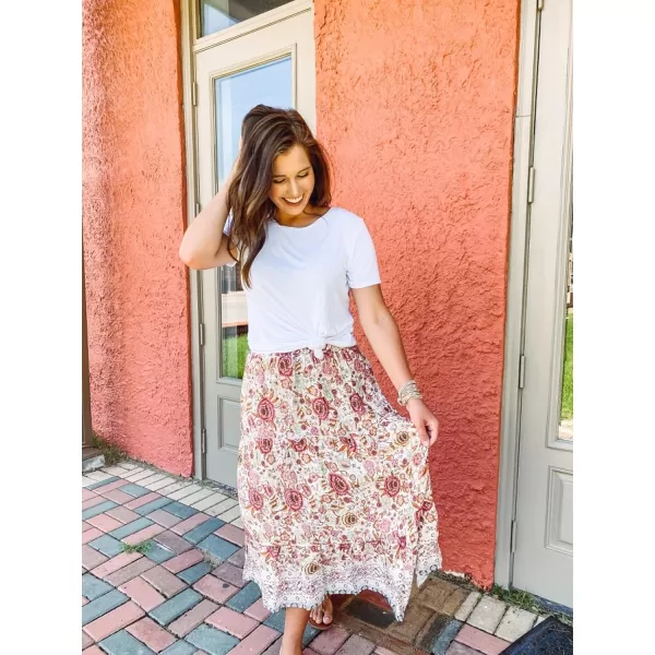 imageZESICA Womens 2024 Bohemian Floral Printed Elastic Waist A Line Maxi Skirt with PocketsFloral White