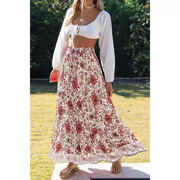 imageZESICA Womens 2024 Bohemian Floral Printed Elastic Waist A Line Maxi Skirt with PocketsFloral White