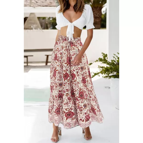 imageZESICA Womens 2024 Bohemian Floral Printed Elastic Waist A Line Maxi Skirt with PocketsFloral White