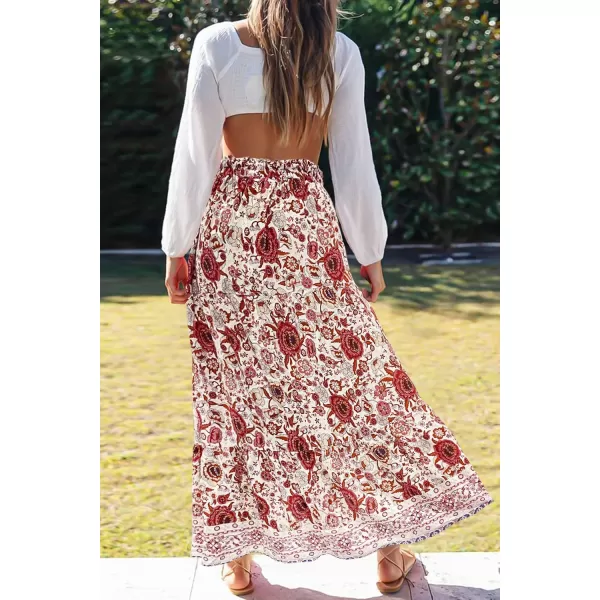 imageZESICA Womens 2024 Bohemian Floral Printed Elastic Waist A Line Maxi Skirt with PocketsFloral White