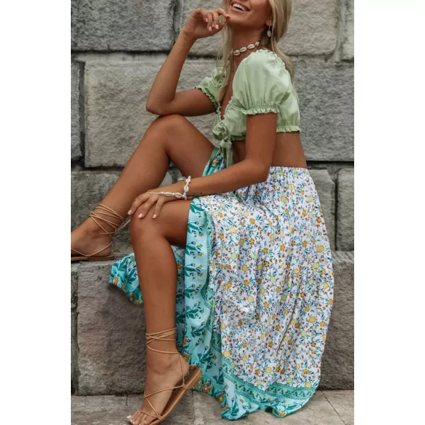 imageZESICA Womens 2024 Bohemian Floral Printed Elastic Waist A Line Maxi Skirt with PocketsLake Blue