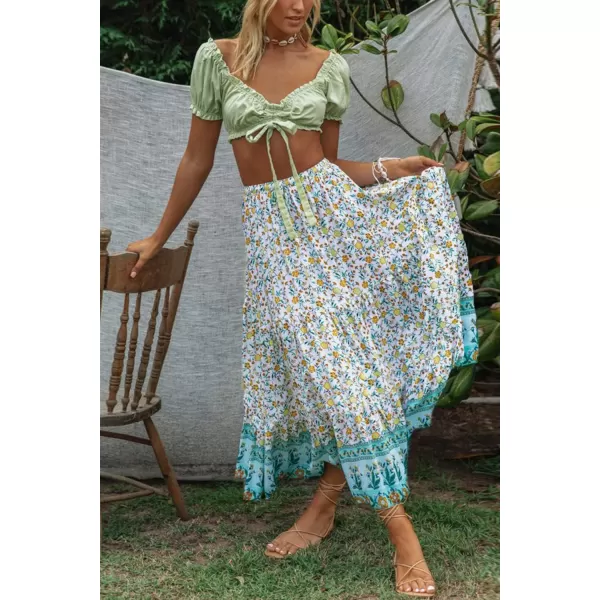 imageZESICA Womens 2024 Bohemian Floral Printed Elastic Waist A Line Maxi Skirt with PocketsLake Blue