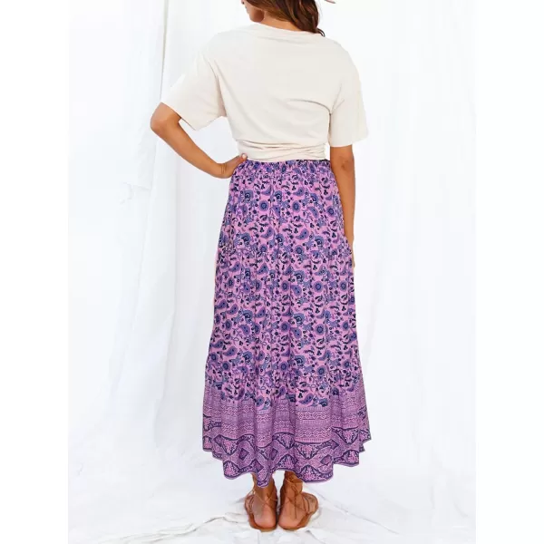 imageZESICA Womens 2024 Bohemian Floral Printed Elastic Waist A Line Maxi Skirt with PocketsLightpurple