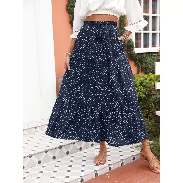 imageZESICA Womens 2024 Bohemian Floral Printed Elastic Waist A Line Maxi Skirt with PocketsNavyblue