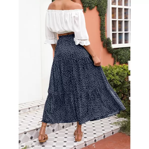 imageZESICA Womens 2024 Bohemian Floral Printed Elastic Waist A Line Maxi Skirt with PocketsNavyblue