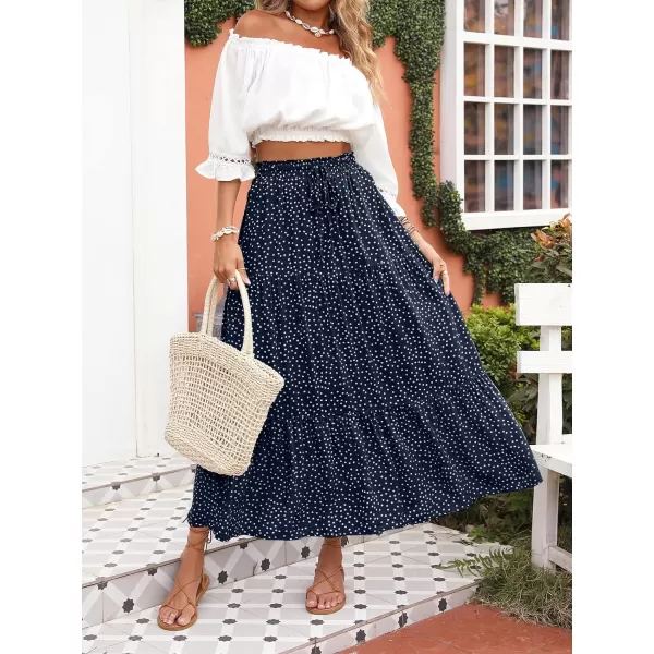 imageZESICA Womens 2024 Bohemian Floral Printed Elastic Waist A Line Maxi Skirt with PocketsNavyblue