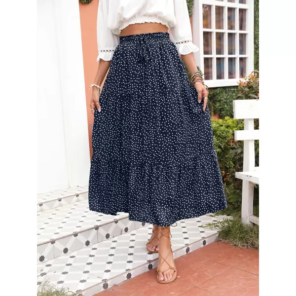 imageZESICA Womens 2024 Bohemian Floral Printed Elastic Waist A Line Maxi Skirt with PocketsNavyblue