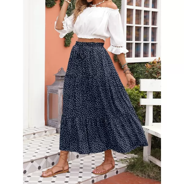 imageZESICA Womens 2024 Bohemian Floral Printed Elastic Waist A Line Maxi Skirt with PocketsNavyblue