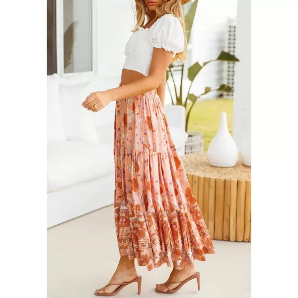 imageZESICA Womens 2024 Bohemian Floral Printed Elastic Waist A Line Maxi Skirt with PocketsPeach