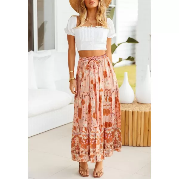imageZESICA Womens 2024 Bohemian Floral Printed Elastic Waist A Line Maxi Skirt with PocketsPeach