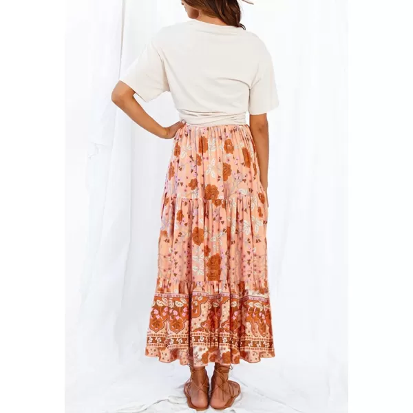 imageZESICA Womens 2024 Bohemian Floral Printed Elastic Waist A Line Maxi Skirt with PocketsPeach