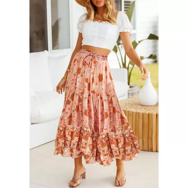 imageZESICA Womens 2024 Bohemian Floral Printed Elastic Waist A Line Maxi Skirt with PocketsPeach