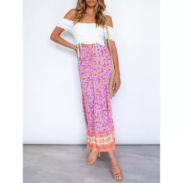 imageZESICA Womens 2024 Bohemian Floral Printed Elastic Waist A Line Maxi Skirt with PocketsPinkpurple