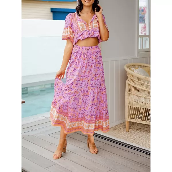 imageZESICA Womens 2024 Bohemian Floral Printed Elastic Waist A Line Maxi Skirt with PocketsPinkpurple