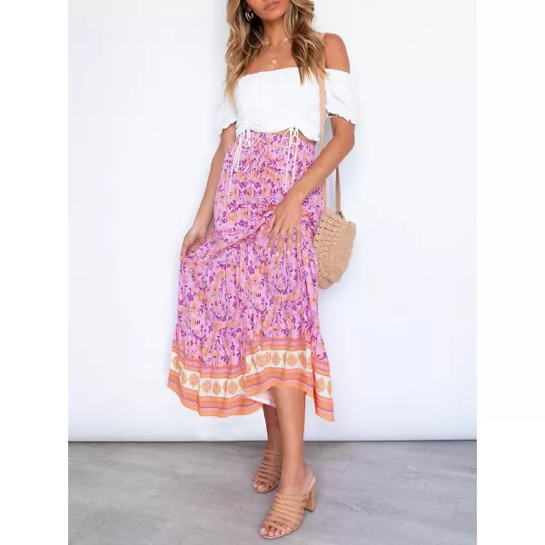 imageZESICA Womens 2024 Bohemian Floral Printed Elastic Waist A Line Maxi Skirt with PocketsPinkpurple