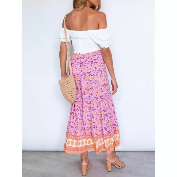 imageZESICA Womens 2024 Bohemian Floral Printed Elastic Waist A Line Maxi Skirt with PocketsPinkpurple