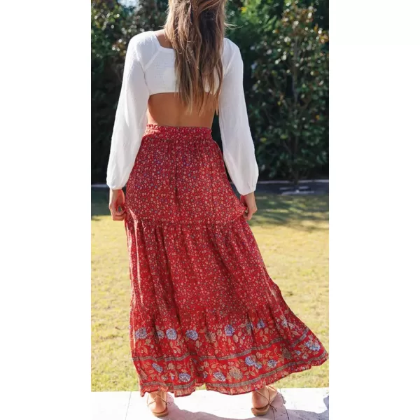 imageZESICA Womens 2024 Bohemian Floral Printed Elastic Waist A Line Maxi Skirt with PocketsRed2