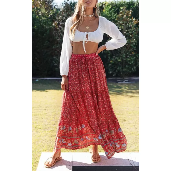 imageZESICA Womens 2024 Bohemian Floral Printed Elastic Waist A Line Maxi Skirt with PocketsRed2