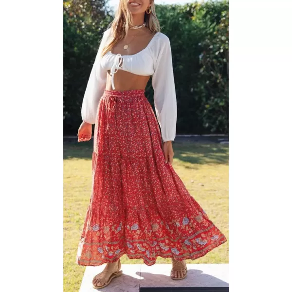 imageZESICA Womens 2024 Bohemian Floral Printed Elastic Waist A Line Maxi Skirt with PocketsRed2