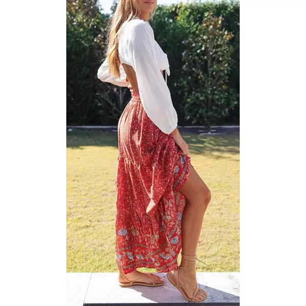 imageZESICA Womens 2024 Bohemian Floral Printed Elastic Waist A Line Maxi Skirt with PocketsRed2
